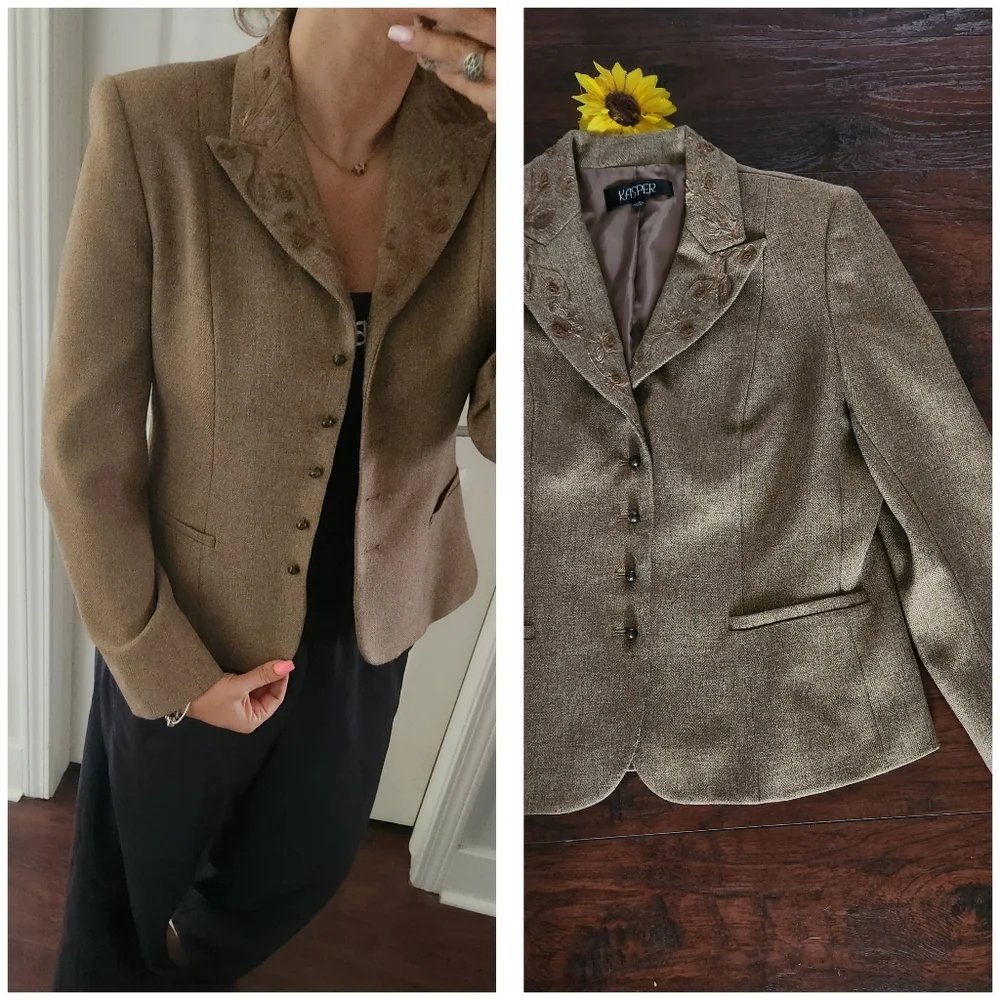 Vintage Kasper Women's Taupe Embroidered Collar Tweed Blazer - Picture 2 of 12